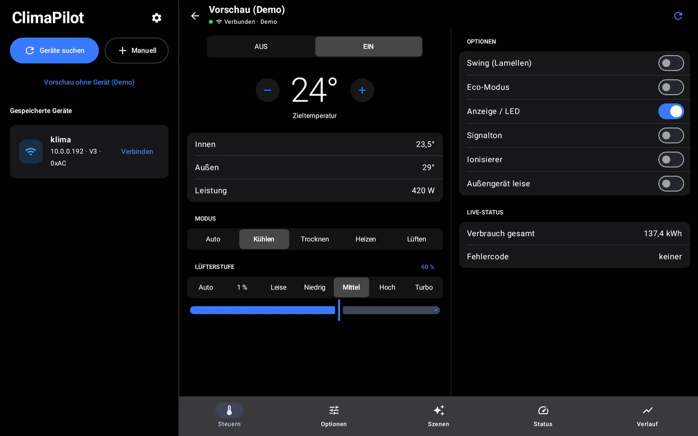 ClimaPilot auf dem Tablet: Steuerung, Optionen und Live-Status nebeneinander