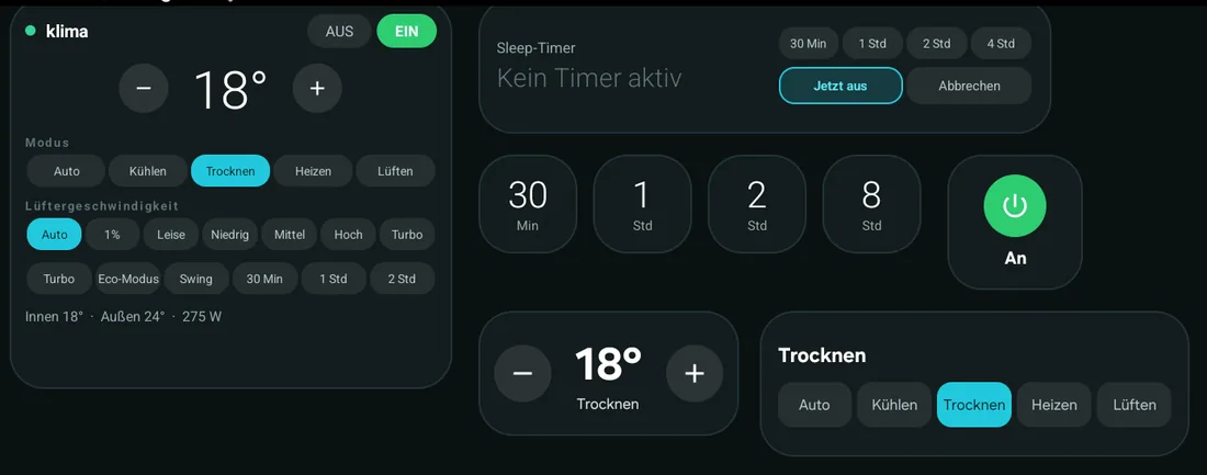 Homescreen-Widgets: Sleep-Timer, Ein/Aus, Temperatur und Modus